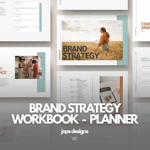 Op de afbeelding: Een werkboek met de titel "Brand Strategy Workbook - Planner" met de tekst "jops designs" eronder. Het werkboek is ontworpen om bedrijven te helpen een sterke merkstrategie te ontwikkelen. De pagina's bevatten secties voor de doelgroep, merkberichten, concurrentieanalyse en meer.