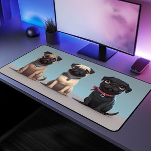 May include: A blue and gray mousepad with three cartoon pugs. The pugs are sitting in a row, with the black pug in the front. The pugs are all wearing collars and have cute expressions on their faces.