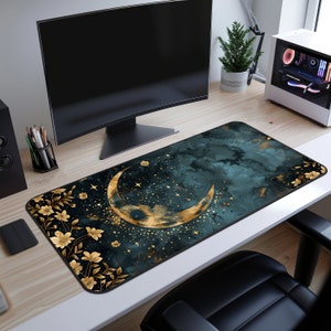 Night Sky Mousepad: Golden Moon Stars, Art Nouveau Desk Mat