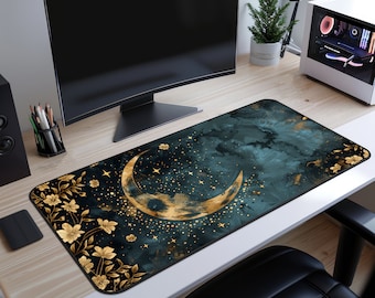 Night Sky Mousepad | Dreamy Night Sky Desk Mat | Stars & Moon Mouse Pad | Clouds Desk Mat | Galaxy Desk Pad | Moon Workspace Decor