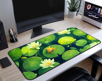 Lily Pad Desk Mat, Water Lilies Mouse Pad, Pond Desk Mat, Stream Play Mat, Tranquil Desk Mat, Botanical Desk Mat, Plant Desk Mat, Cute Frog
