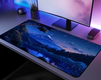 Midnight Fuji Mouse Pad | Japanese Mountain Desk Mat | Japanese Gaming Mouse Pad | Celestial Nature Mousepad | Peaceful Japan Lake Mouse Pad