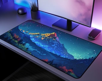 Midnight Mountain Desk Mat, Sakura Blossom Gaming Pad, Japanese Scenery Mousepad, Anti-Slip Writing Mat, Water Resistant Office Decor
