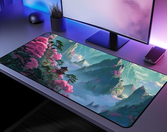 Japanese Cherry Blossom Desk Mat: Serene Mountain Landscape