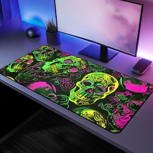 Neon Skull Desk Mat - Cool Monster Desk Pad, Psychedelic Office Decor, Gaming Setup Mat, Trippy Gift for Gamers