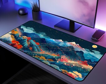 Midnight Mountain Desk Mat | Dream Mountain Desk Mat | Oversized Mouse Pad | Keyboard Mousepad | Sakura Desk Mat | Sakura Blossom Gaming Pad