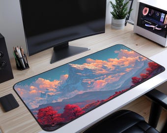Sakura Cherry Blossoms Mountain Desk Mat | Japanese Landscape Desk Mat | Unique Desk Mat | Cherry Blossom Desk Mat | Large Gaming Desk Mat