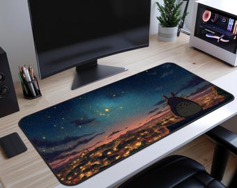 Totoro Desk Mat | Whimsical Sky Night Desk Mat | XL Gaming Mouse Pad | My Neighbor Totoro | Anime Desk Mat | 3 Different Sizes Desk Mat