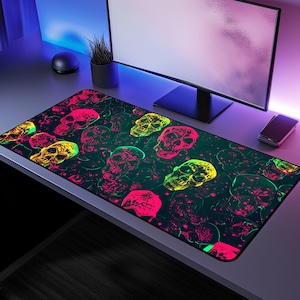 Neon Skull Desk Mat - Trippy Monster Desk Pad for Gamers, Cool Psychedelic Office Decor, Gaming Setup & Aesthetic Gift