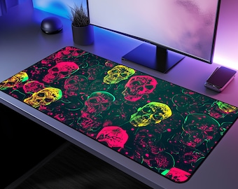 Neon Skull Desk Mat | Scary Horror Skull Desk Pad | 100% Polyester Mouse Pad | Giant Mouse Pad | Original Artwork | Gaming Mouse Pad