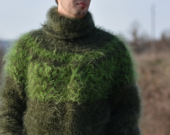 handmade Icelandic sweater mohair jumper hand knitted fuzzy pullover Unisex soft Tneck One size hunter green clothing Dukyana