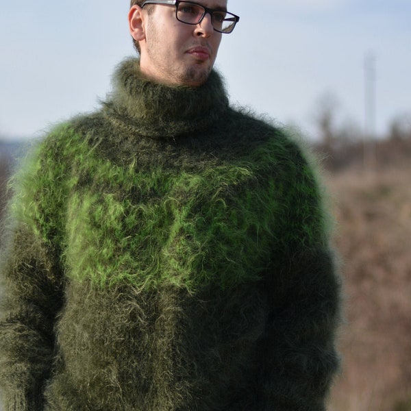 handmade Icelandic sweater mohair jumper hand knitted fuzzy pullover Unisex soft Tneck One size hunter green clothing Dukyana