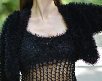 Summer set of a knitted top and a fuzzy bolero in jet black