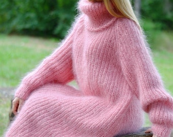 hand knit mohair dress handmade mohair robe knitted dress fuzzy mohair dress one size Tneck dress pink mohair long dress Plus size Sunday