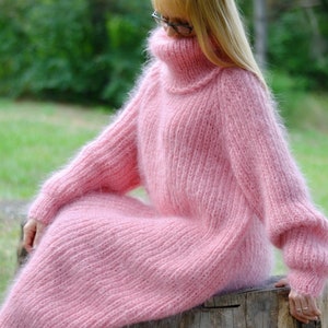 hand knit mohair dress handmade mohair robe knitted dress fuzzy mohair dress one size Tneck dress pink mohair long dress Plus size Sunday