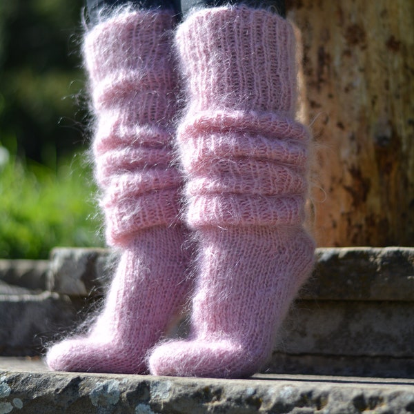 handgestrickte Socken mohair leggings mohair socken rosa socken Fuzzy socken mohair leggings knielang socken home made socken gemütliche Leggings