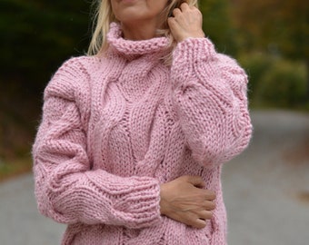 Handknit chunky mock turtleneck sweater with cables in pink from alpaca wool