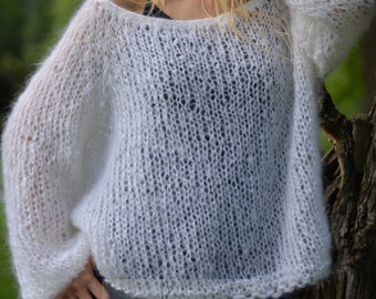 White jumper cropped mohair sweater airy jumper wedding sweater short pullover summer sweater mesh handknit sweater Boho jumper soft sweater