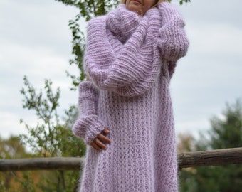 One size mohair set of a dress,snood and armwarmers in lilac made on request to custom colour