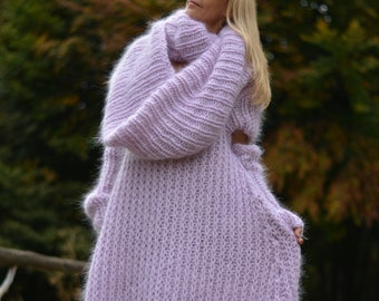 One size mohair set of a dress,snood and armwarmers in lilac