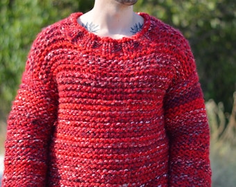 handmade wool sweater chunky jumper knitted pullover crewneck sweater thick pullover chunky wool soft jumper mens sweater red pullover