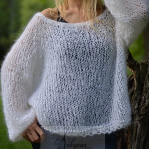 White jumper cropped mohair sweater airy jumper wedding sweater short pullover summer sweater mesh handknit sweater Boho jumper soft sweater