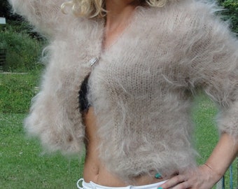Hand knitted fuzzy bolero handmade cropped mohair sweater handknit shrug knitted cropped top summer sweater mohair jumper sweet beige cardi