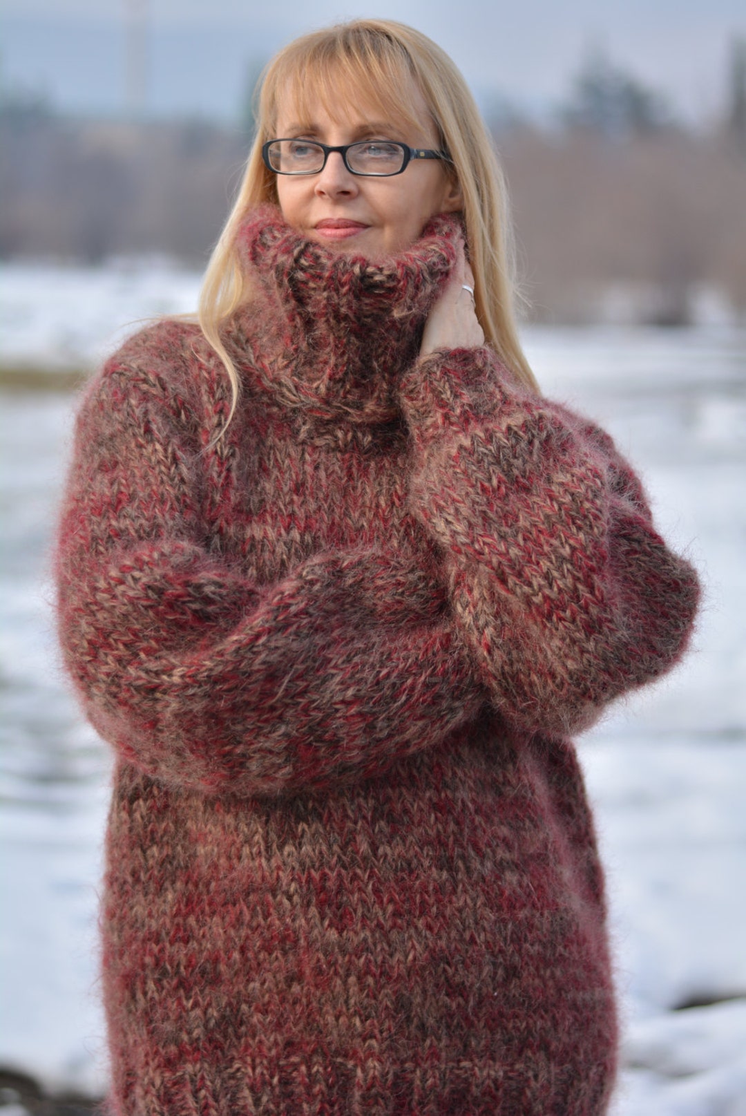 Mohair and Wool Sweater Men Thick and Chunky ,Turtleneck Pullover