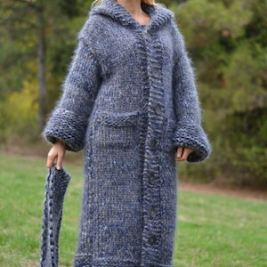 handmade mohair coat hand knitted long cardigan thick mohair cardigan chunky sweater coat hooded cardigan rolled-up sleeves Dukyana