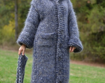 handmade mohair coat hand knitted long cardigan thick mohair cardigan chunky sweater coat hooded cardigan rolled-up sleeves Dukyana