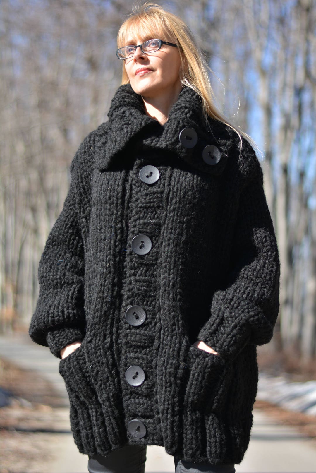 Handmade Wool Cardigan Knitted Wool Coat Chunky Cardigan Tneck - Etsy