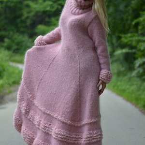 handmade mohair dress hand knitted thick mohair dress T-neck sweater Flared robe Black dress One size dress thick T-neck dress Dukyana image 1