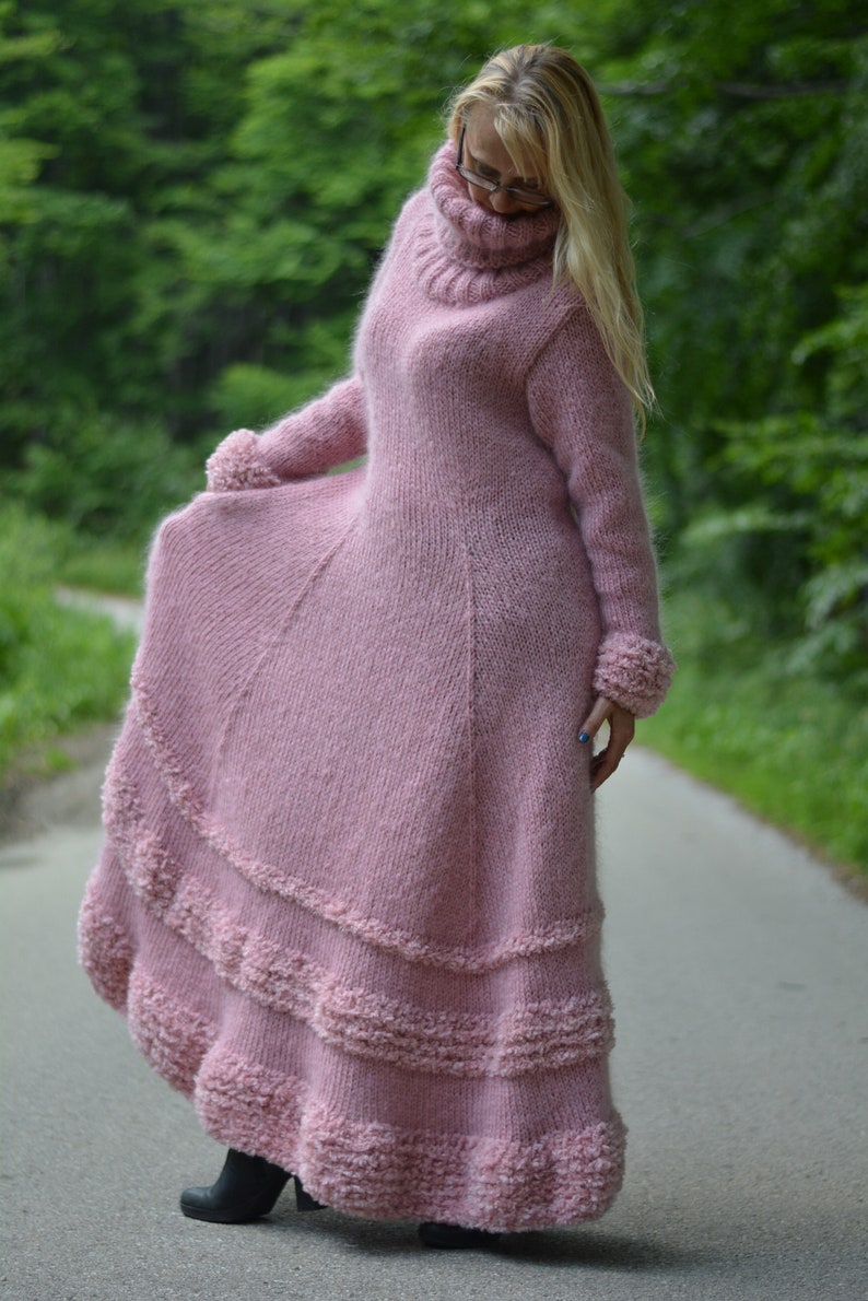 handmade mohair dress hand knitted thick mohair dress T-neck sweater Flared robe Black dress One size dress thick T-neck dress Dukyana image 1