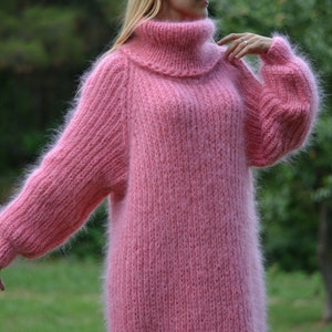 hand knit mohair dress handmade mohair robe knitted dress fuzzy mohair dress one size Tneck dress pink mohair long dress Plus size Sunday image 6