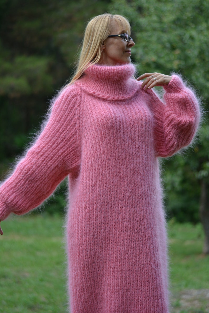 hand knit mohair dress handmade mohair robe knitted dress fuzzy mohair dress one size Tneck dress pink mohair long dress Plus size Sunday image 6