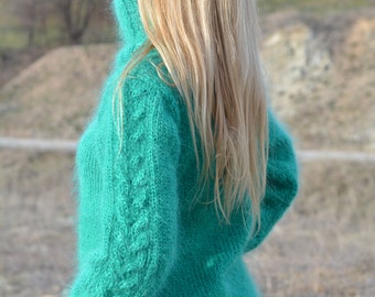 handmade mohair sweater hand knitted cable jumper fuzzy Tneck pullover regular fit soft sweater Green Dukyana