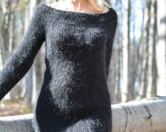 hand knitted mohair dress ribbed sweater fitted boat neck dress tunic boatneck dress mohair raglan spring sweater long pullover