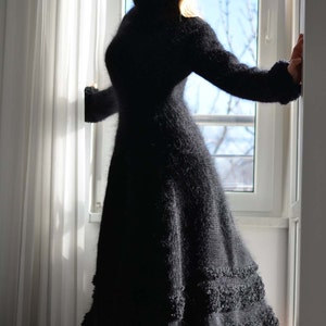 handmade mohair dress hand knitted thick mohair dress T-neck sweater Flared robe Black dress One size dress thick T-neck dress Dukyana