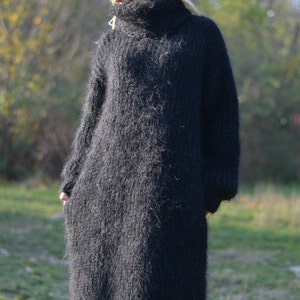 hand knitted dress mohair dress handmade sweater dress mohair pullover  long jumper fuzzy dress warm Tneck dress Black