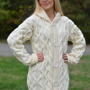 White aurumn cardigan Long wool cardigan Handknit soft merino coat Handmade cabled cardigan Hooded long cardigan Cream white Ready-to-send image 1