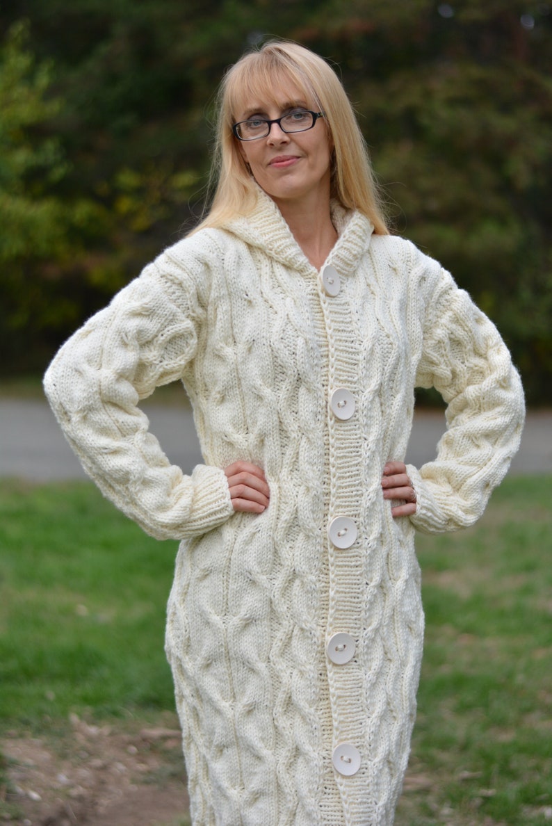 White aurumn cardigan Long wool cardigan Handknit soft merino coat Handmade cabled cardigan Hooded long cardigan Cream white Ready-to-send image 1