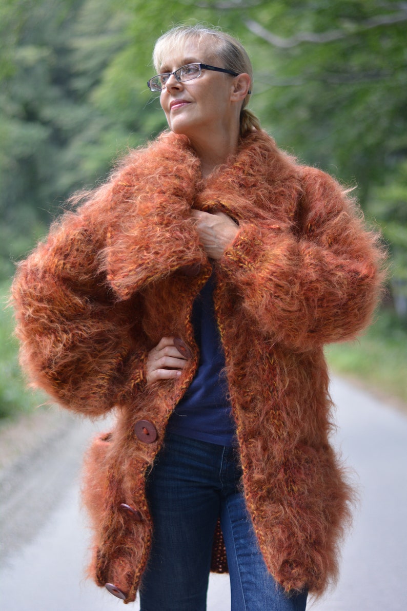 Chunky knit cardigan fuzzy mohair cardigan womens mixed-color cardigan handmade collared cardigan with pockets Autumn cardigan winter wear image 4