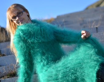 hand knitted dress fuzzy mohair dress handmade sweater handknit mohair dress soft mohair silky mohair cowlneck dress green Dukyana S M L XL