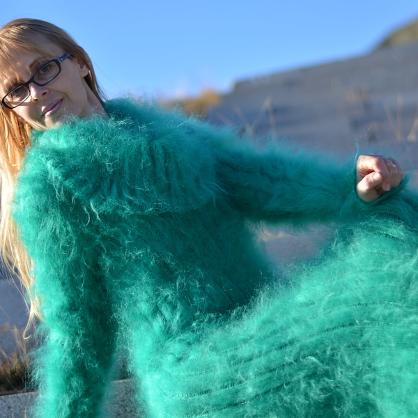 hand knitted dress fuzzy mohair dress handmade sweater handknit mohair dress soft mohair silky mohair cowlneck dress green Dukyana S M L XL