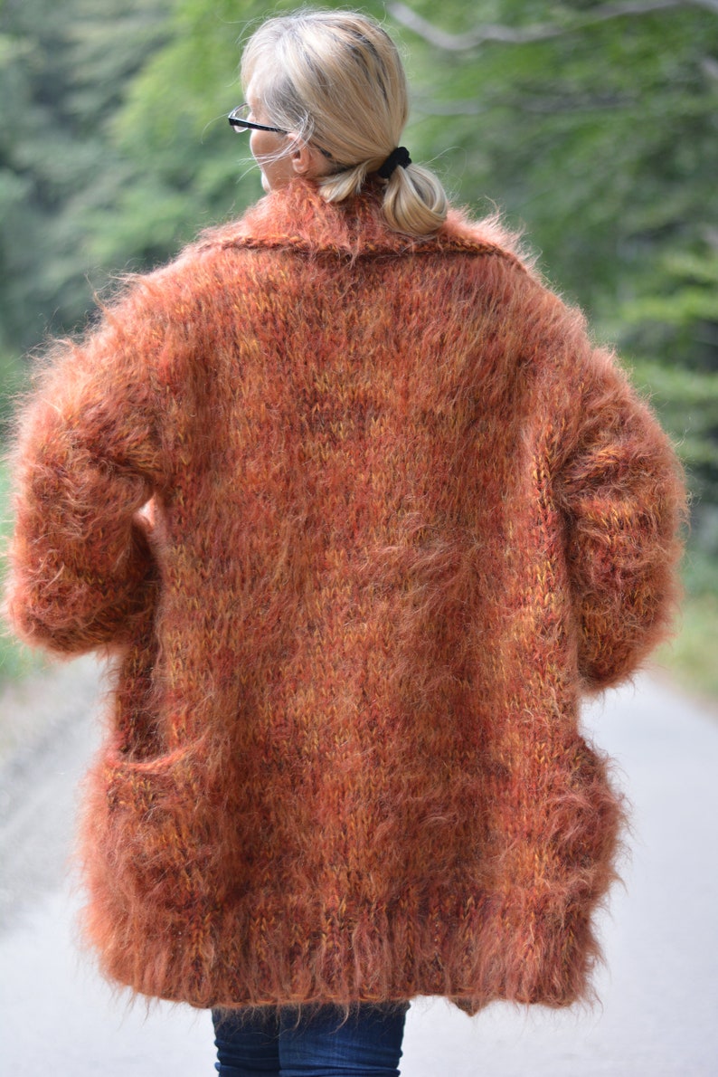 Chunky knit cardigan fuzzy mohair cardigan womens mixed-color cardigan handmade collared cardigan with pockets Autumn cardigan winter wear image 8