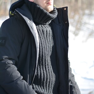 hand knitted wool sweater thick handmade mens sweater chunky wool jumper tneck sweater black Pullover warm sweater ribbed 2XL black jumper