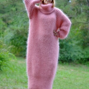 hand knit mohair dress handmade mohair robe knitted dress fuzzy mohair dress one size Tneck dress pink mohair long dress Plus size Sunday image 2