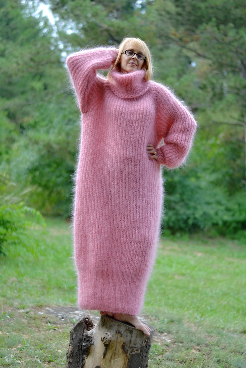 hand knit mohair dress handmade mohair robe knitted dress fuzzy mohair dress one size Tneck dress pink mohair long dress Plus size Sunday image 2