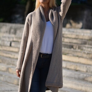 knitted cotton cardigan flared jumper handmade cotton shrug summer sweater shawl collar knee-long beige cardigan by Dukyana image 3