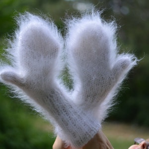 READY handmade mittens fuzzy mohair mittens hand knitted mohair muffs soft mohair mittens cute handknit mohair gloves long fuzzy White thick image 1